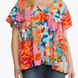 Entro Women's Floral Double V Ruffle Sleeve Tunic Top